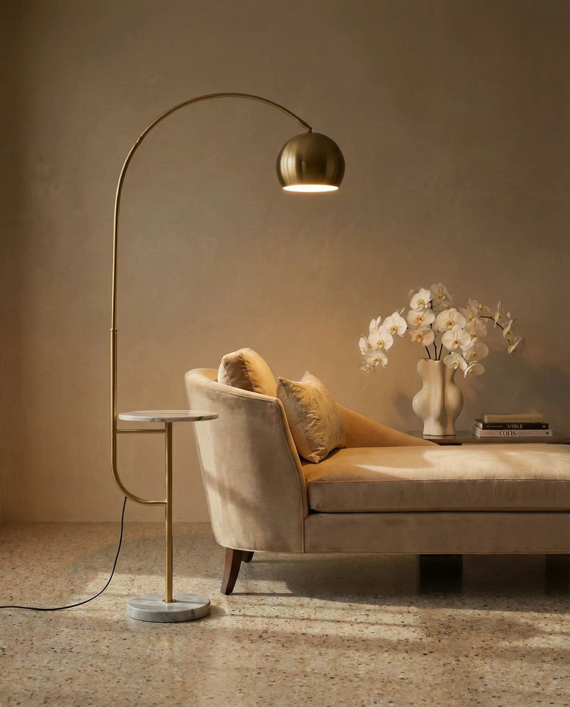 Swana Bowl Arch Gold Floor Lamp with Side Table