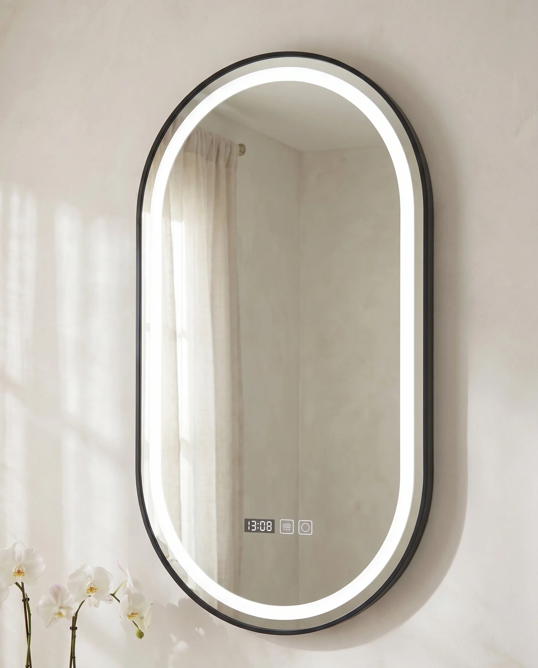 Swanah LED Black Framed Oval Mirror for Vanity Walls