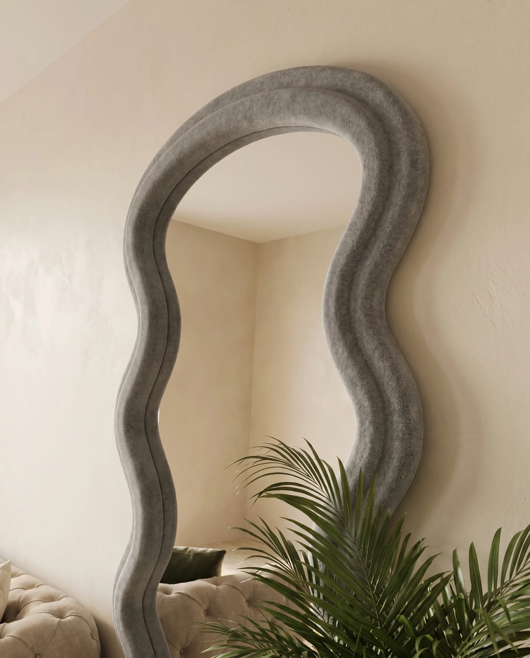 Vienna grey wavy full-body mirror, close-up of the fabric frame