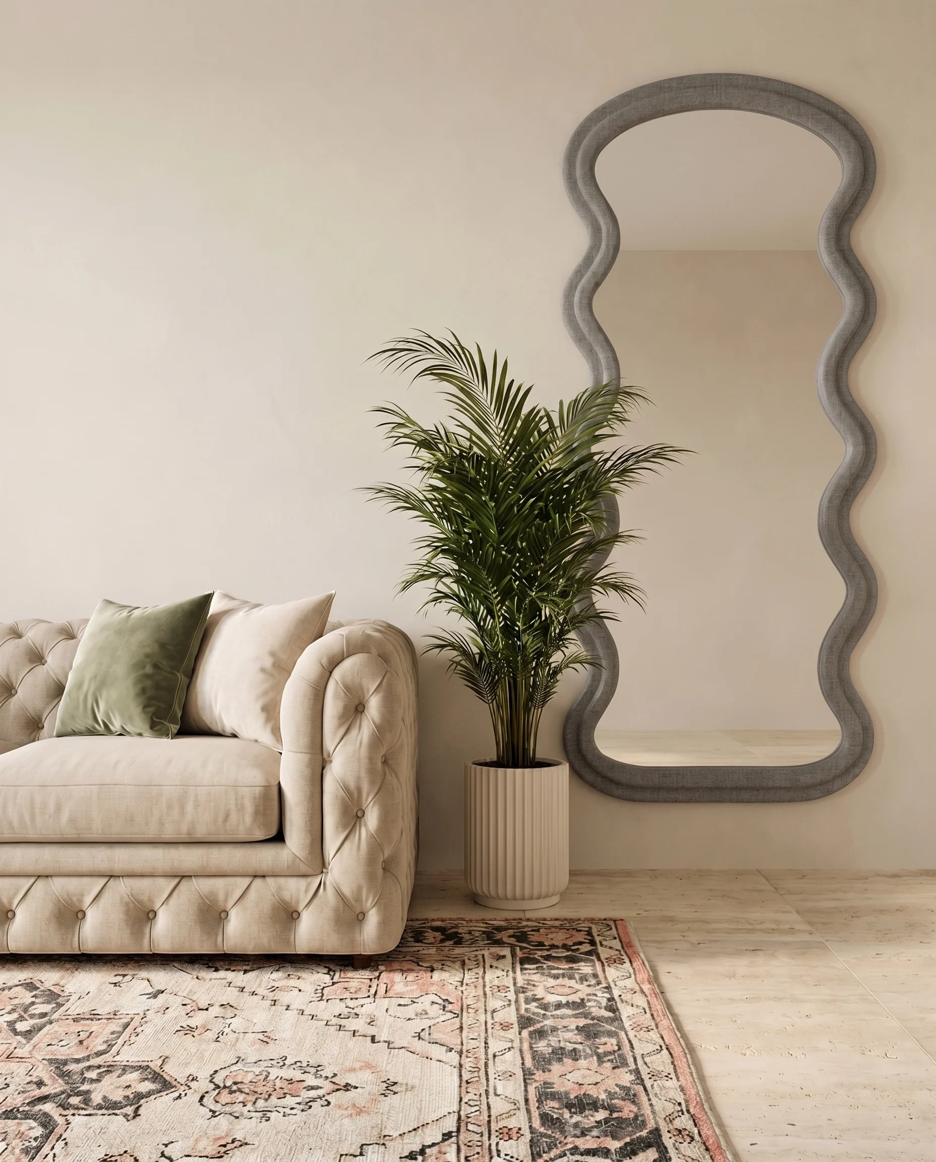 Vienna grey wavy full-body mirror in a Dubai bedroom