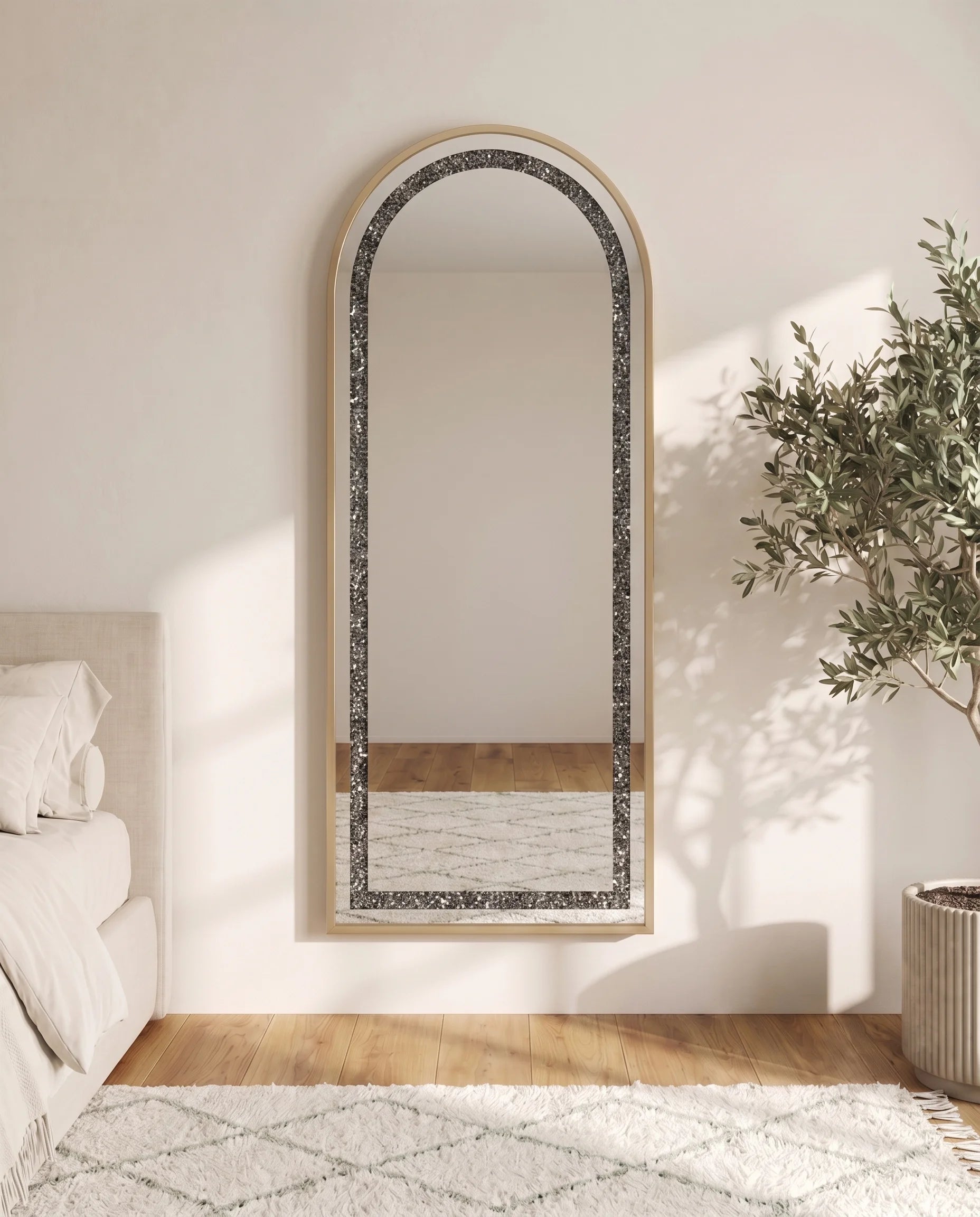 Almas gold crystal arched floor mirror, full view