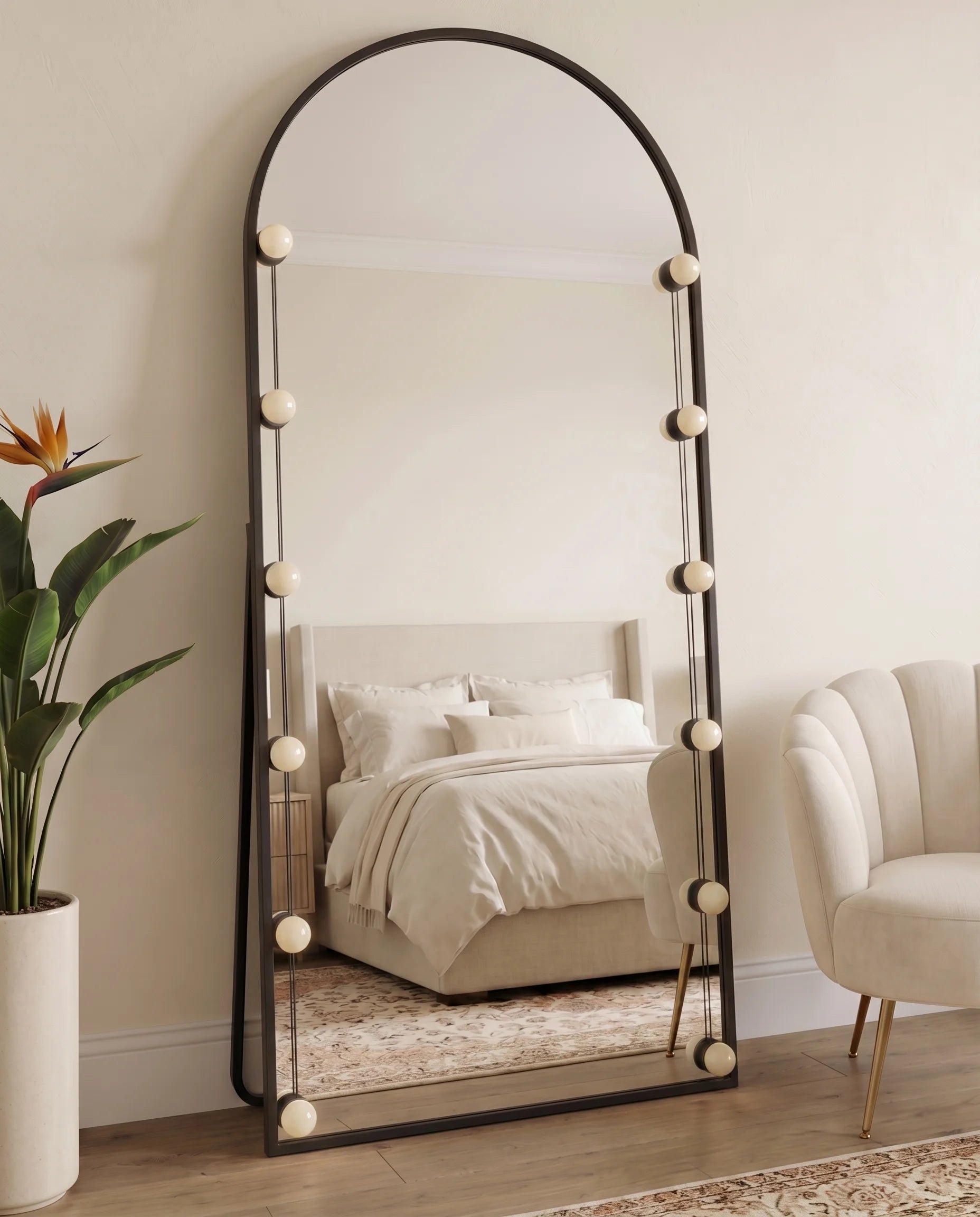 Angelina LED Black Arched Hollywood Mirror with Stand
