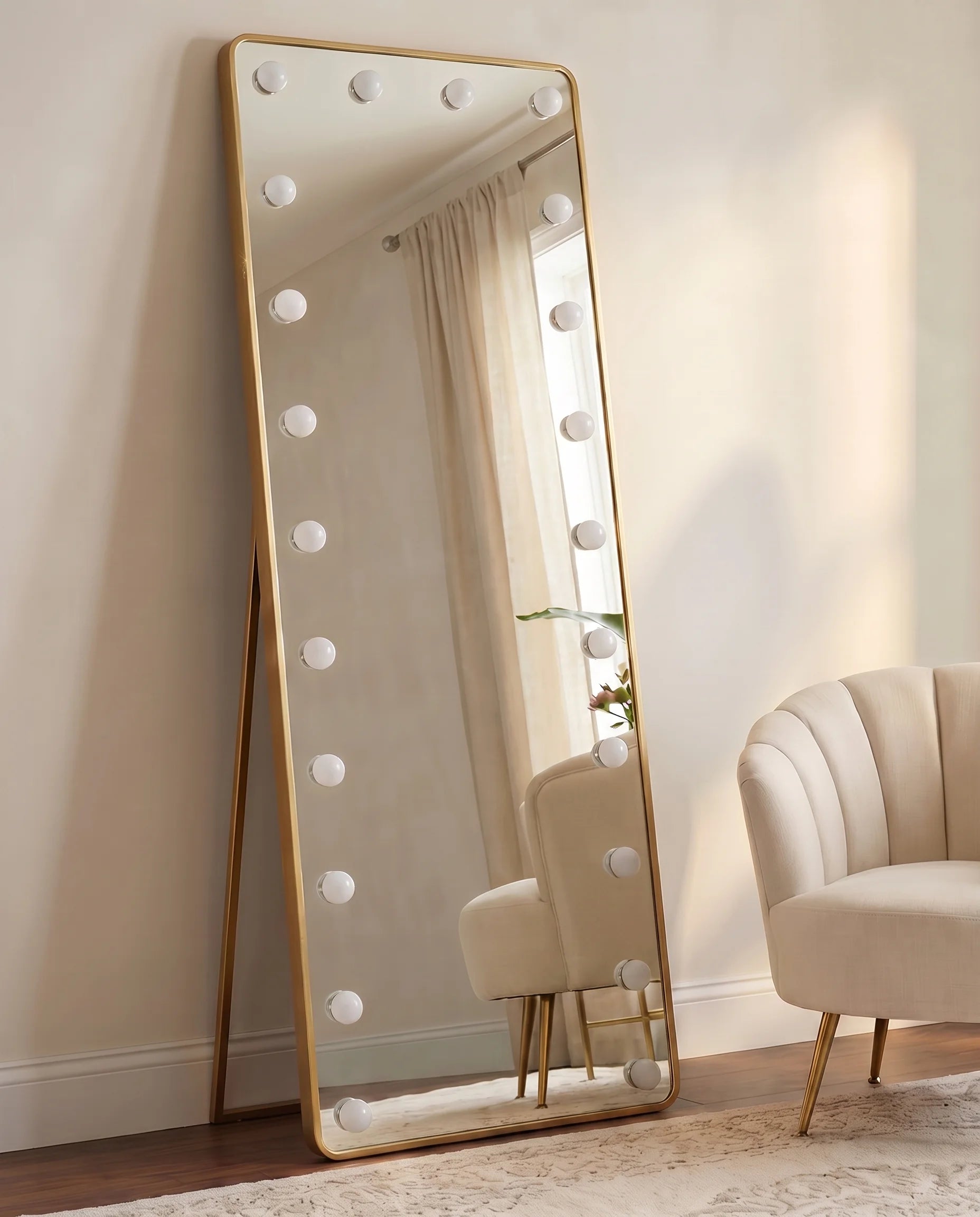 Angelina LED Gold Hollywood Rectangle Mirror with Stand