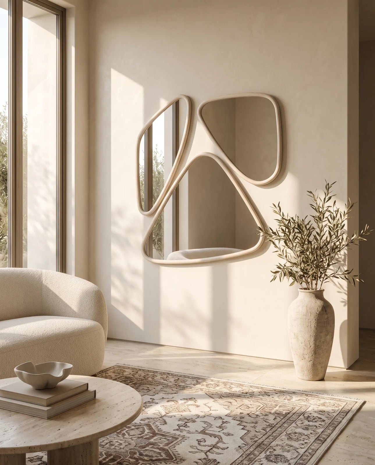 Aveline set of 3 light wood wall mirrors arranged as a gallery wall in a Dubai living room