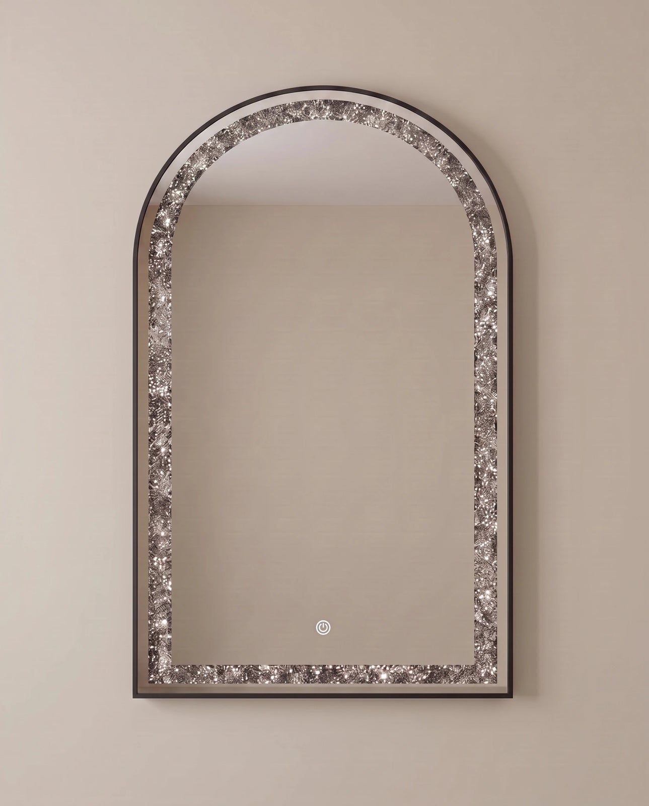 Celine black arch LED mirror, close-up of the crystal inlay