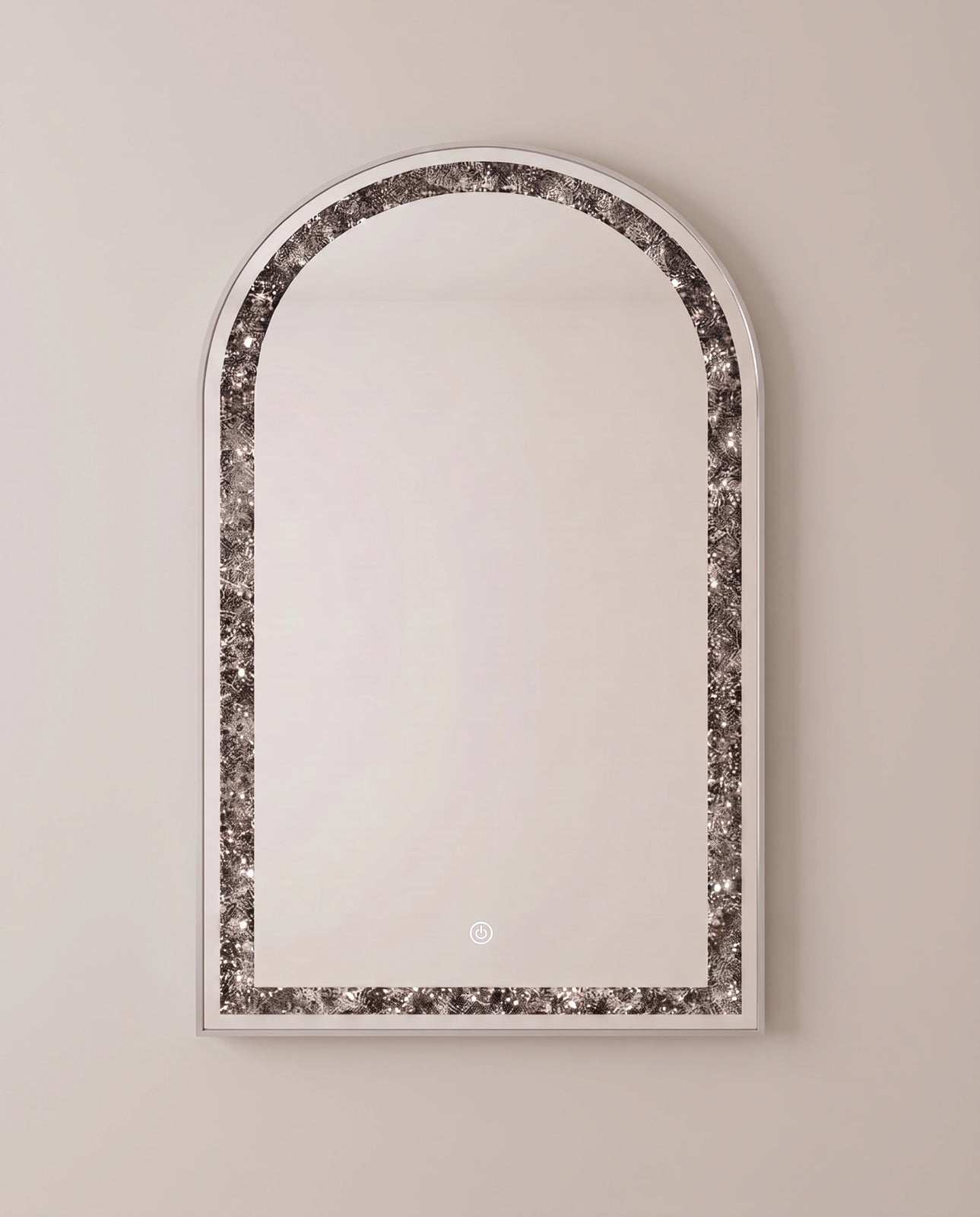 Celine silver arch LED mirror, close-up of the crystal inlay