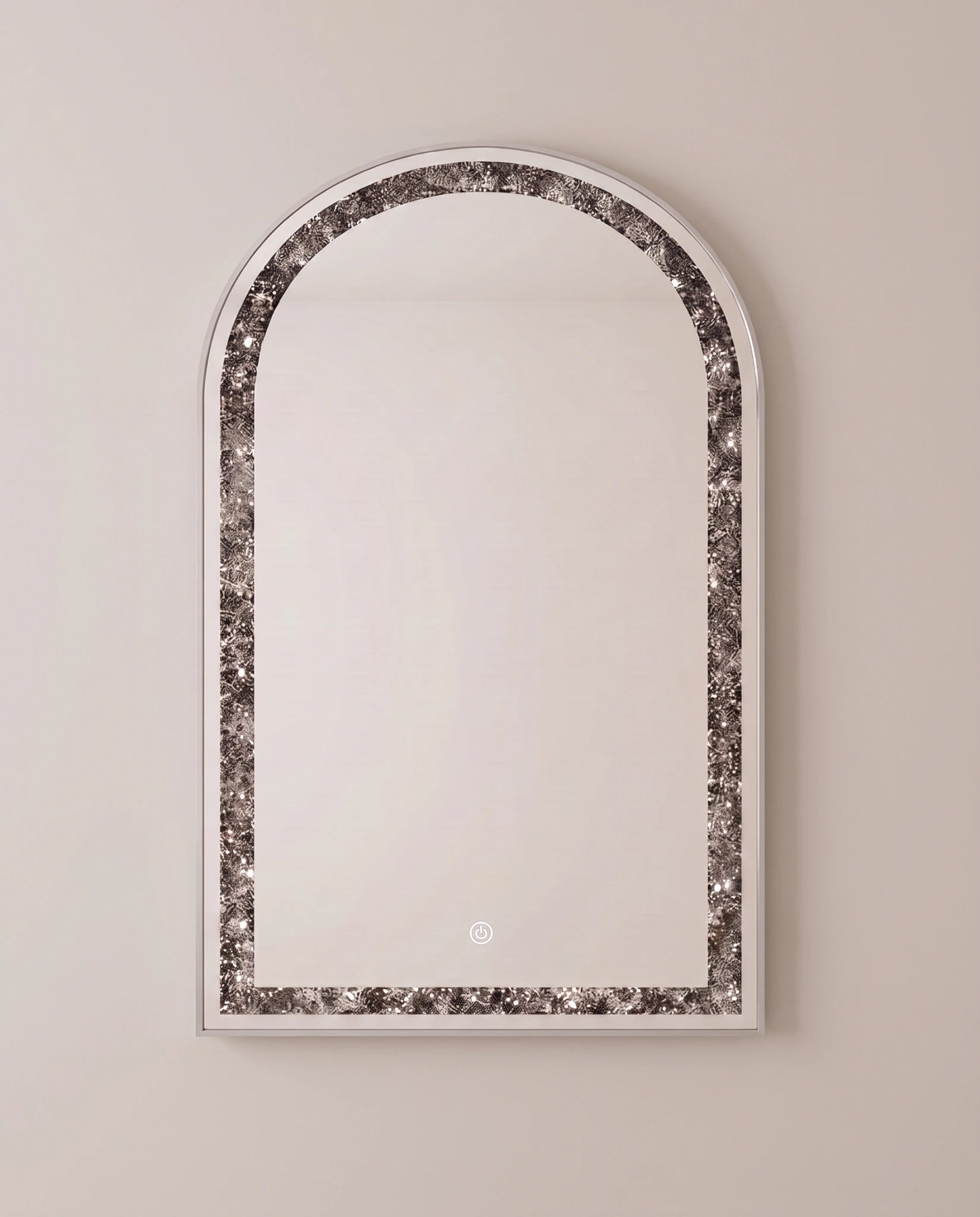 Celine silver arch LED mirror, close-up of the crystal inlay