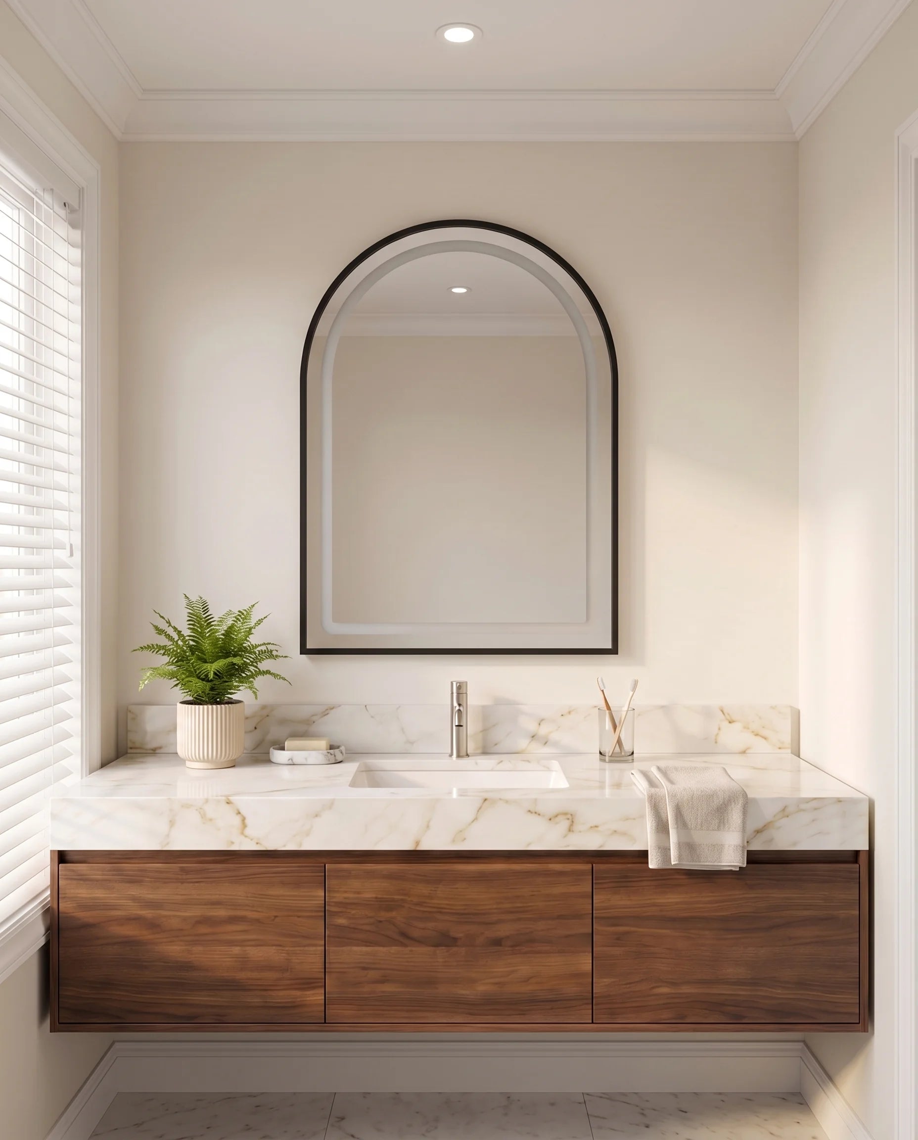 Deluxe black framed arch vanity mirror, close-up of the frame