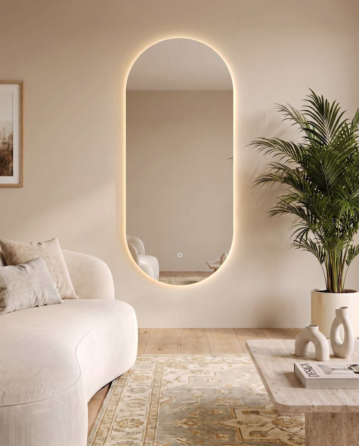 Berlin LED frameless pill-shaped mirror in a Dubai living room