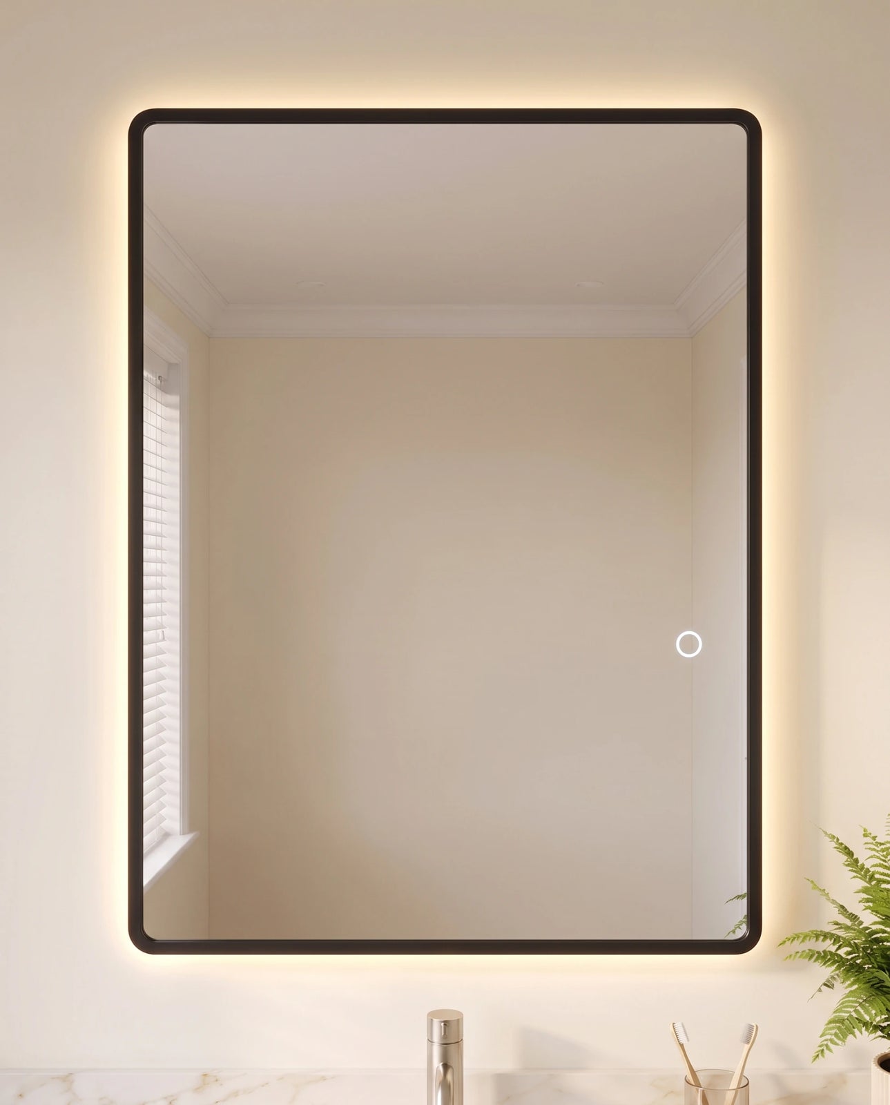 Faye black backlit wall mirror in a Dubai bathroom