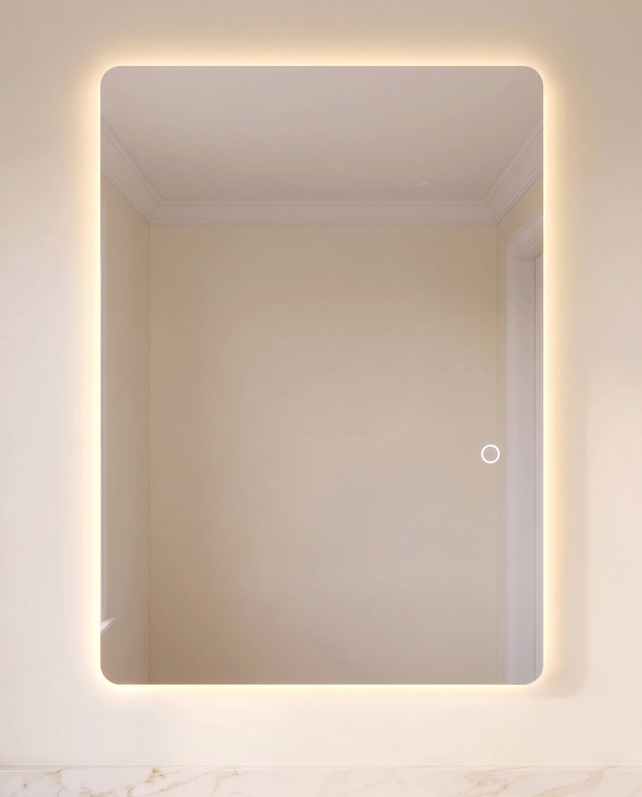 Faye frameless LED wall mirror in a Dubai bathroom