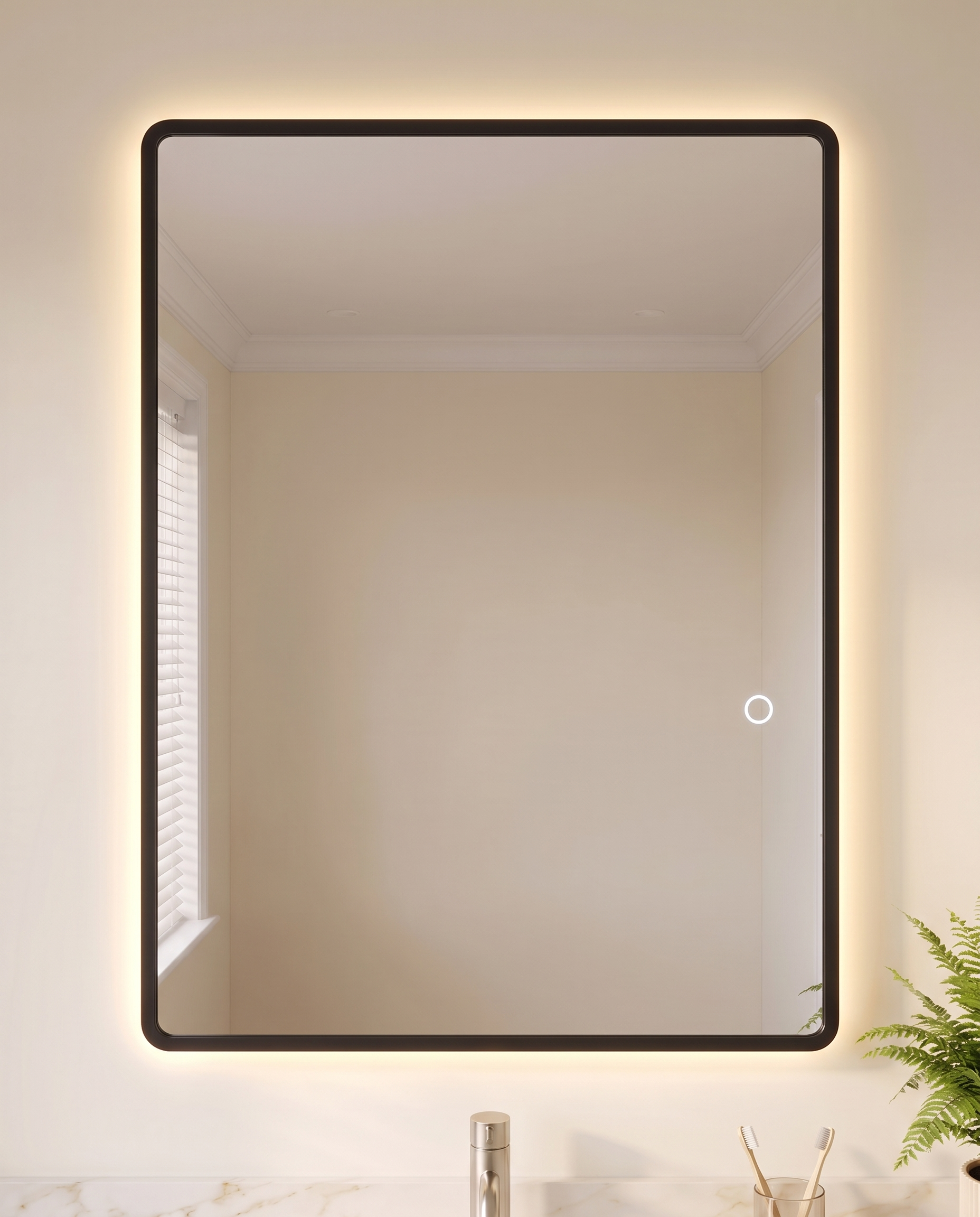 Fern black backlit wall mirror in a Dubai bathroom