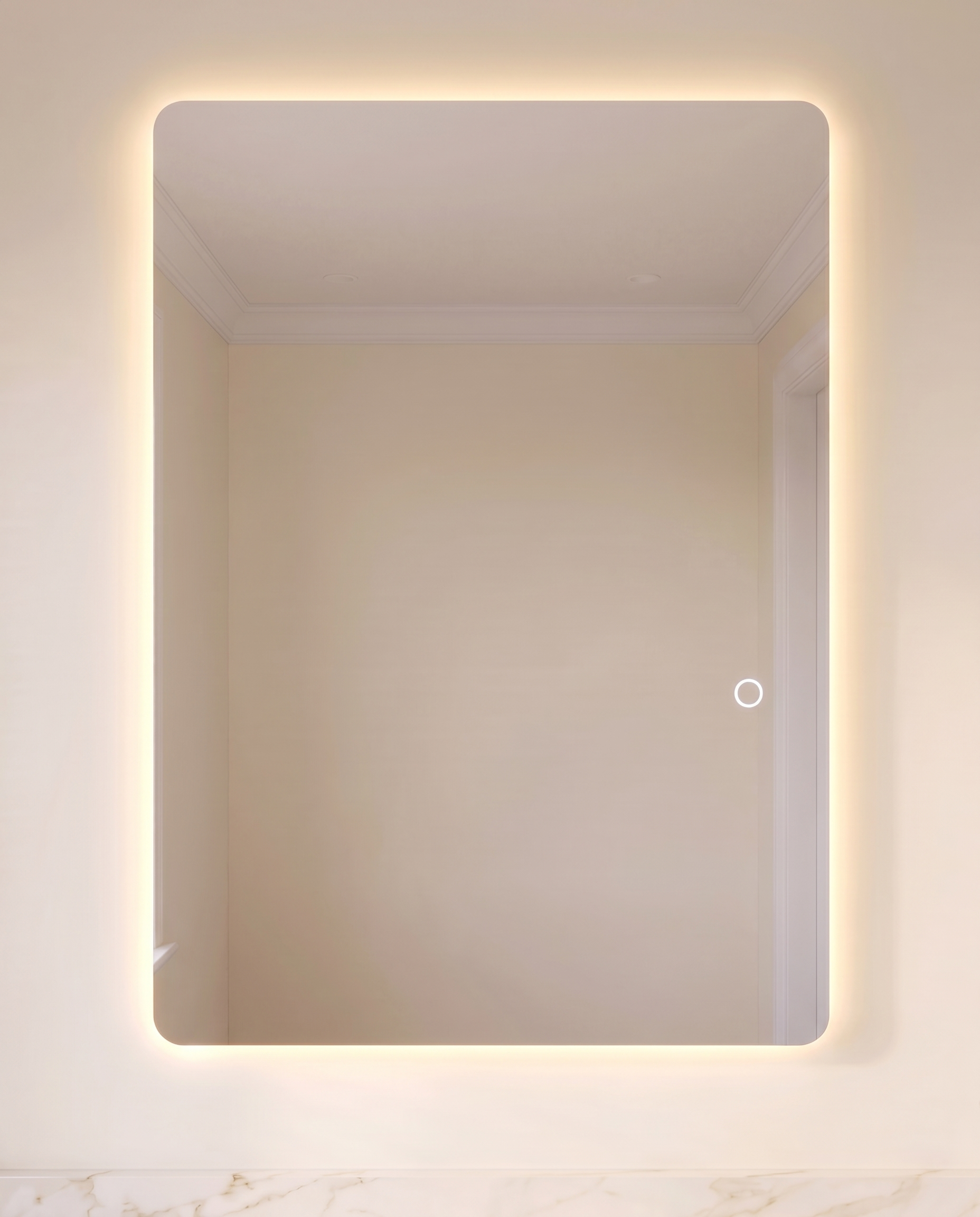 Fern frameless LED wall mirror in a Dubai bathroom