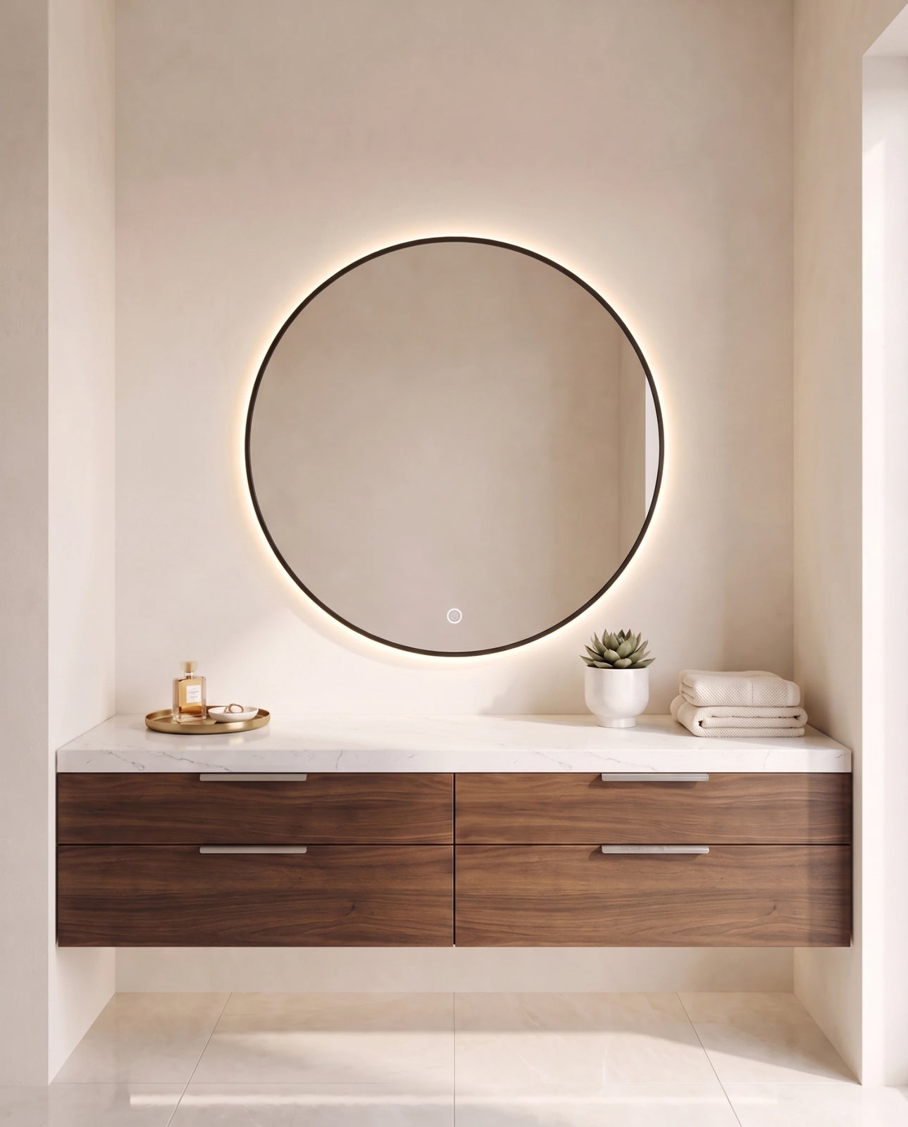 Halo black round backlit wall mirror