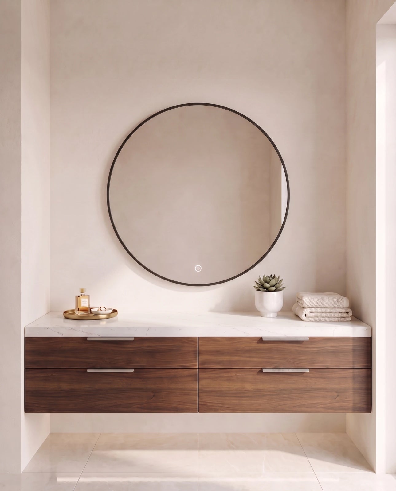 Halo black round backlit wall mirror, close-up of the backlit glow