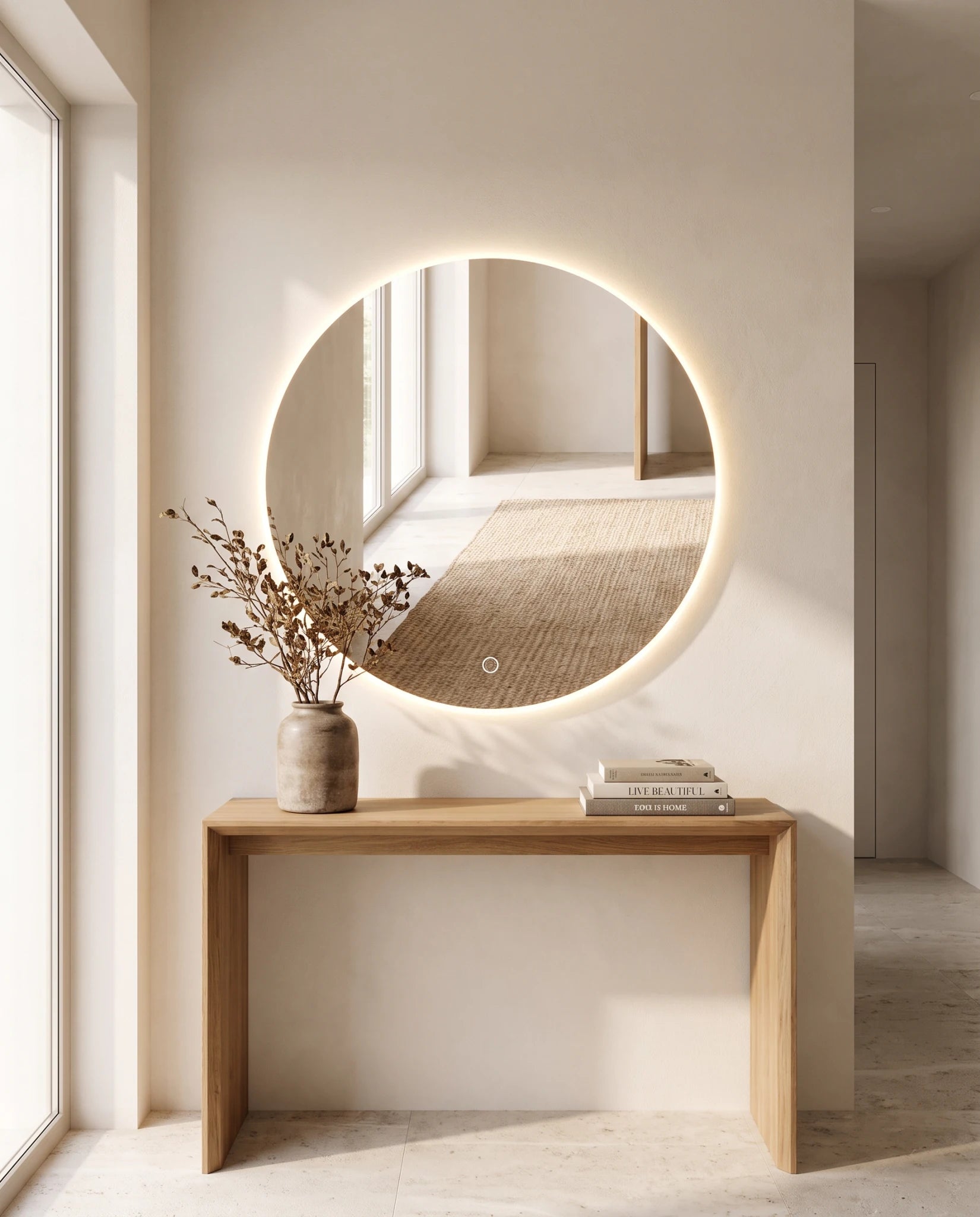 Halo frameless round backlit wall mirror