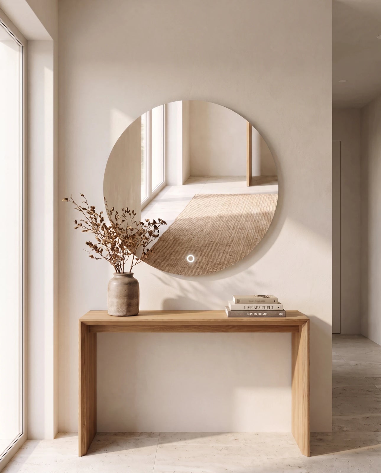 Halo frameless round backlit wall mirror, close-up of the backlit glow