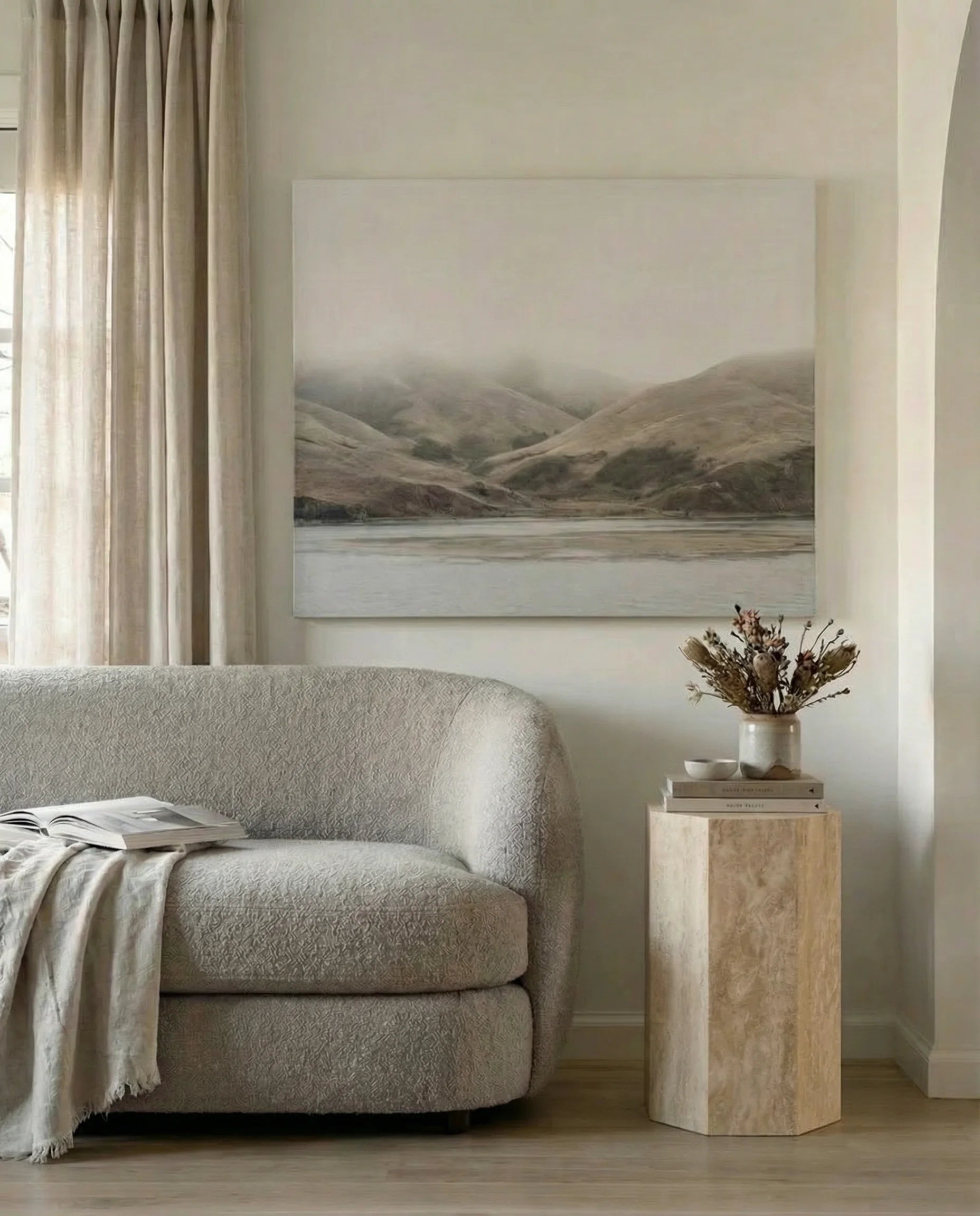 Hexagon travertine side table in a Dubai living room