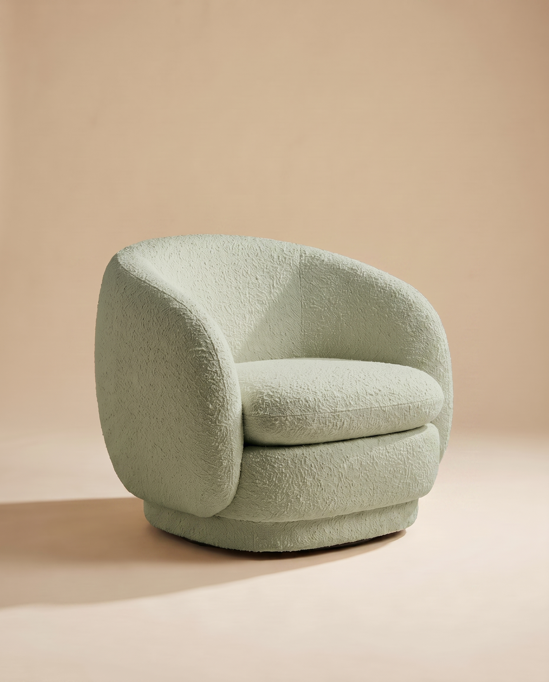 Orla green bouclé accent chair on a warm oat studio backdrop