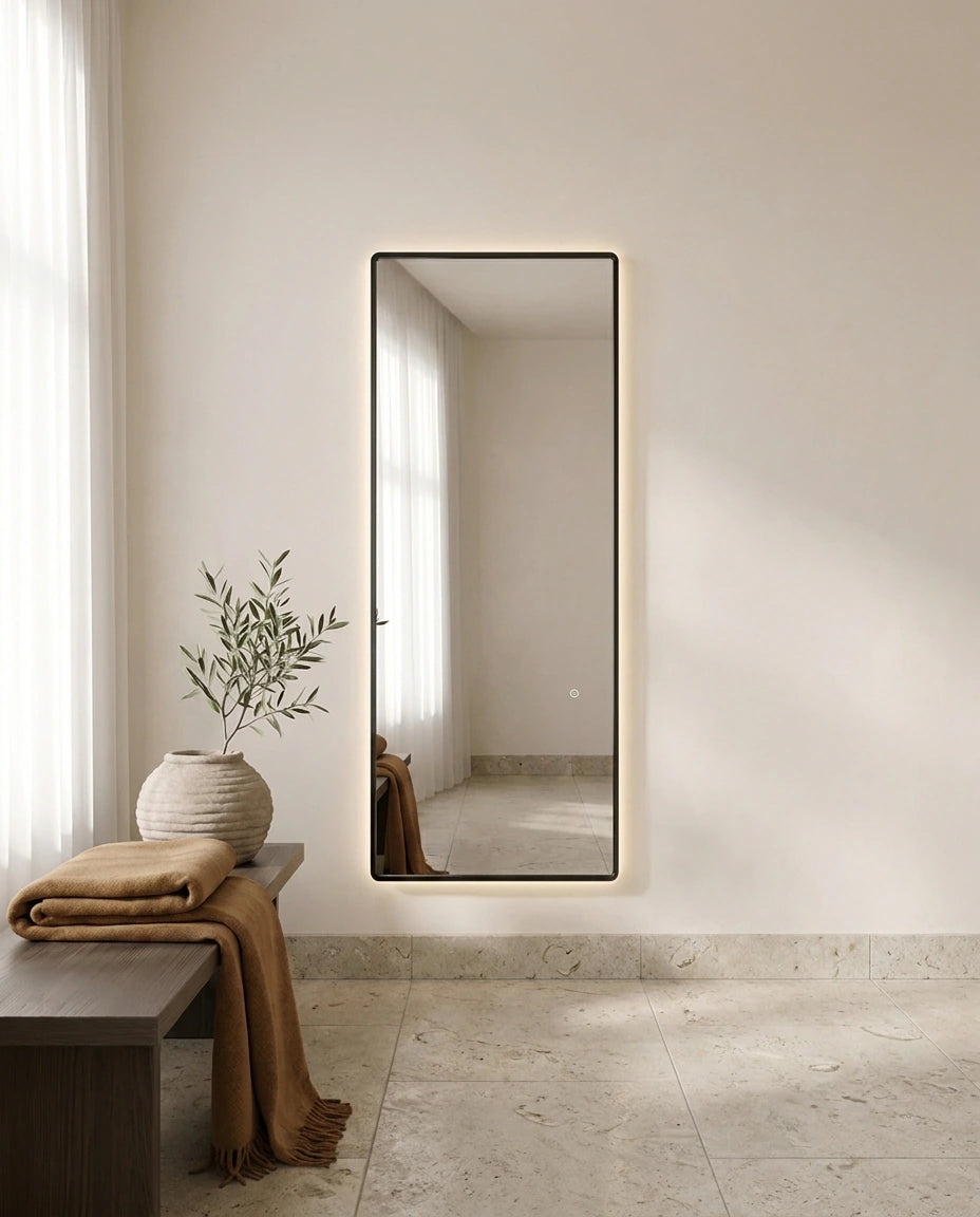 Lumen black backlit rectangular mirror, close-up of the backlit edge