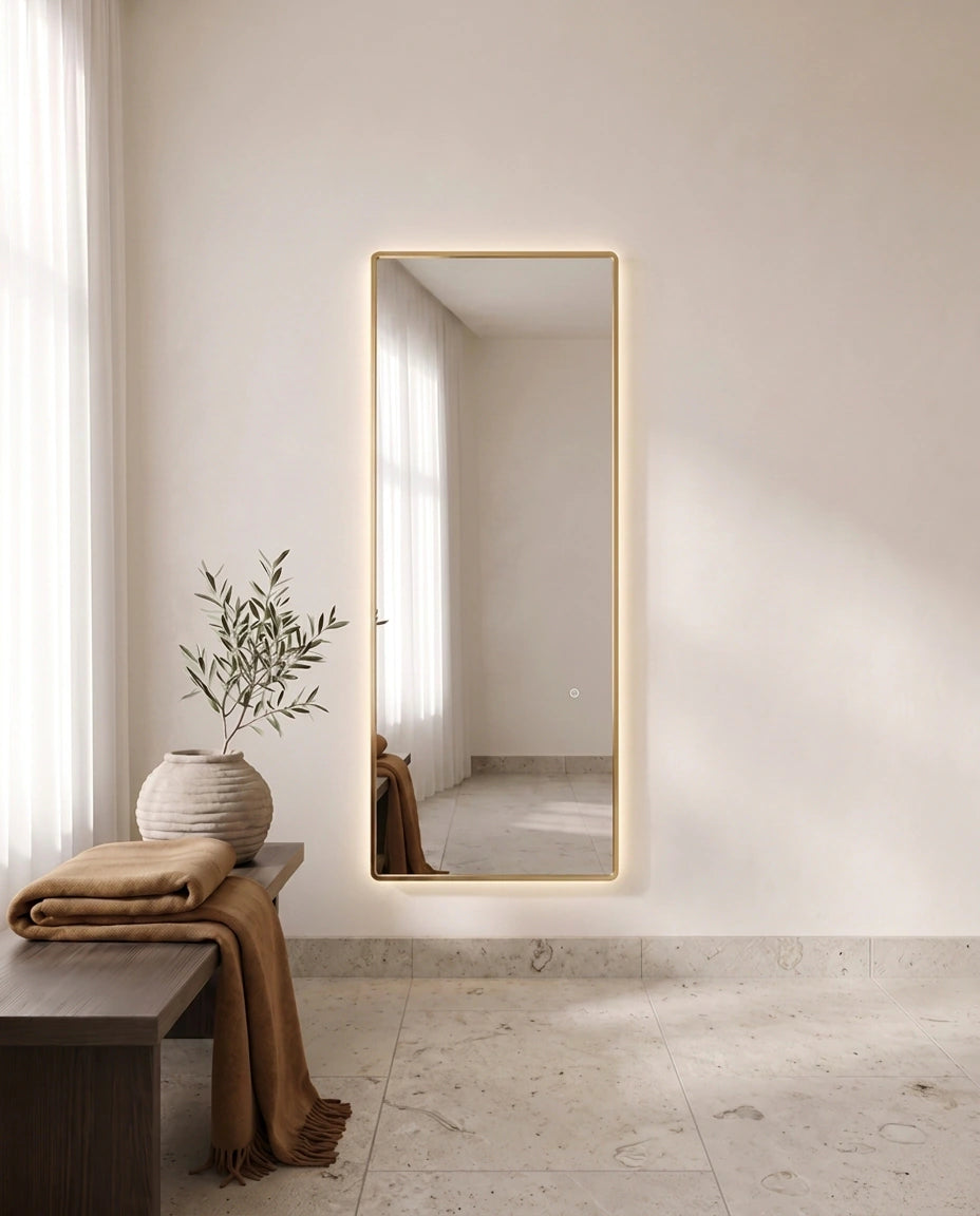 Lumen gold backlit rectangular mirror, close-up of the backlit edge