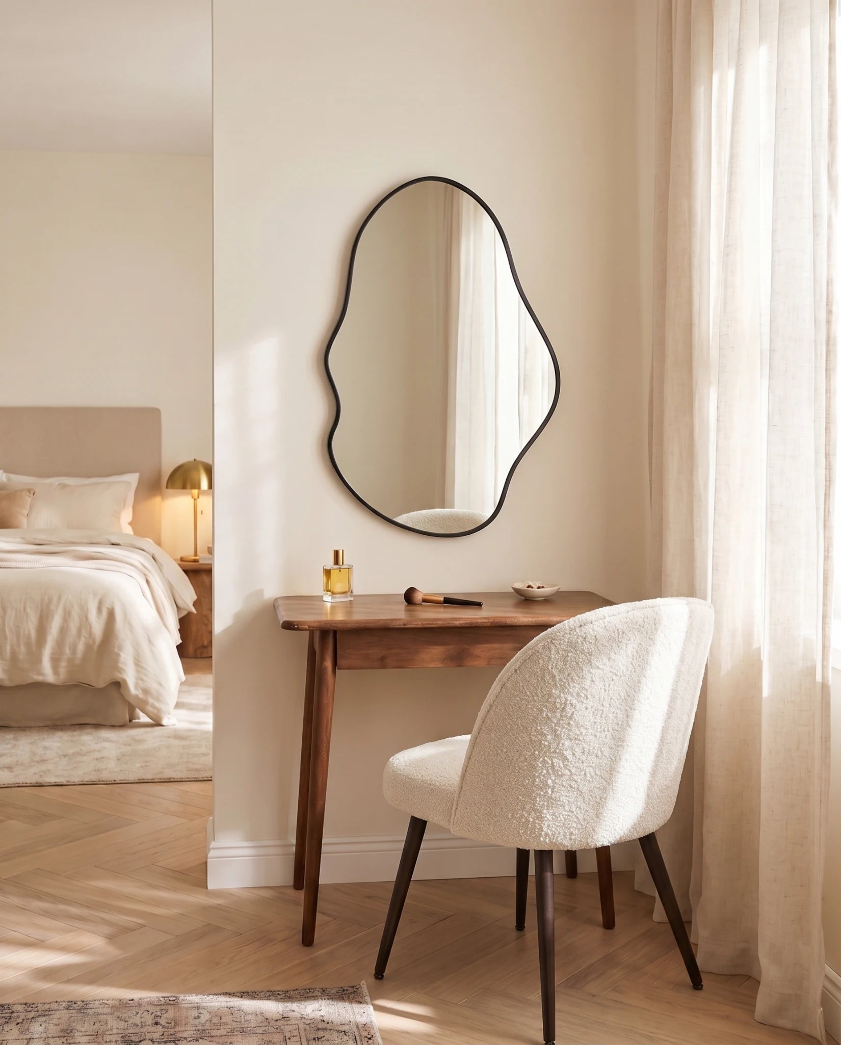 Onda black irregular wall mirror, close-up of the frame