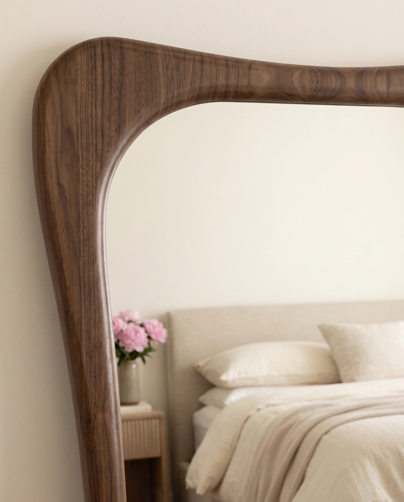 Sahara wood irregular floor mirror in a Dubai bedroom