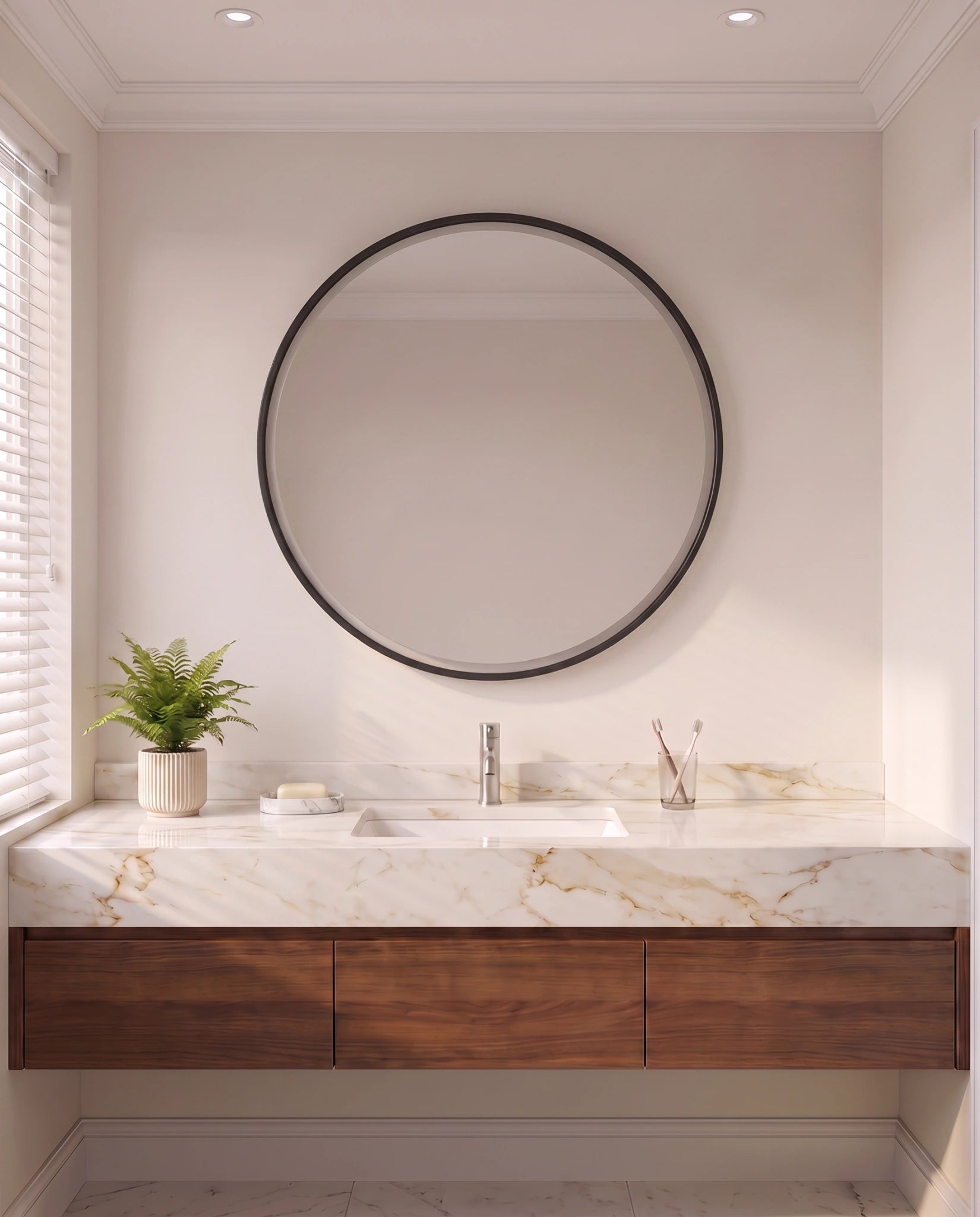 Selene silver round LED wall mirror, close-up of the lit inner frame