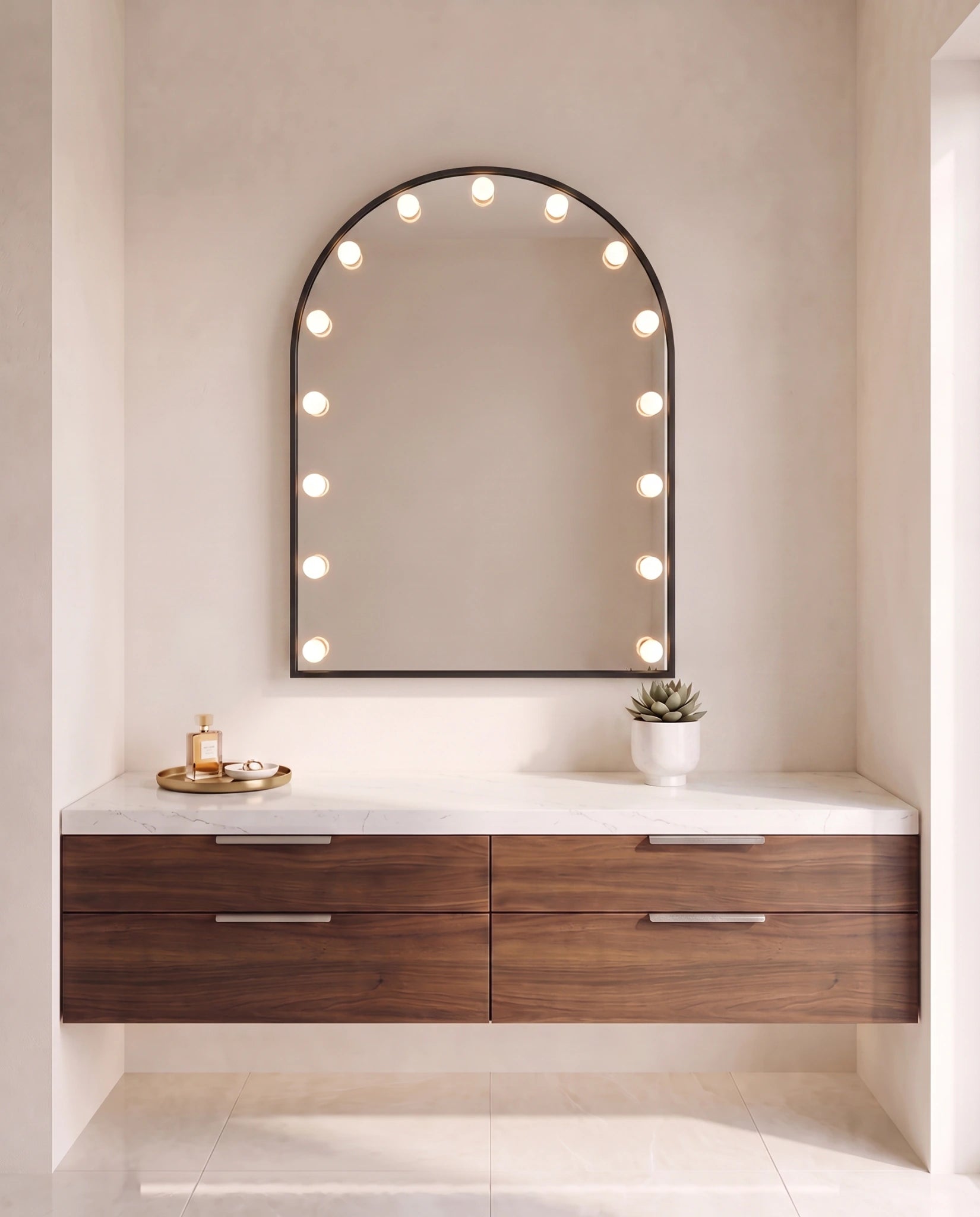 Soraya black arch wall mirror with bulbs