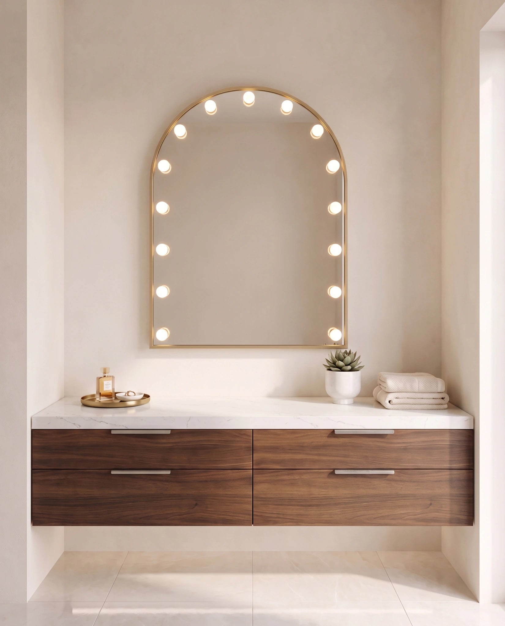 Soraya gold arch wall mirror with bulbs