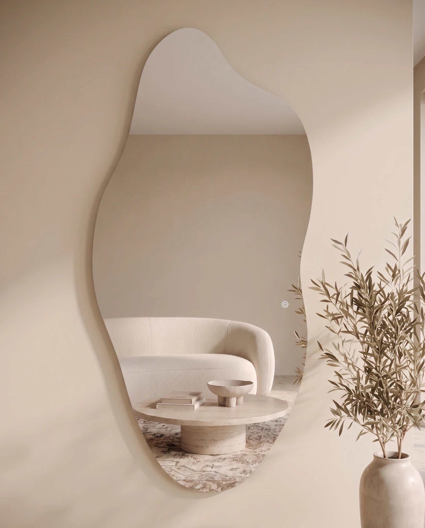Thea frameless irregular LED mirror, close-up of the lit edge